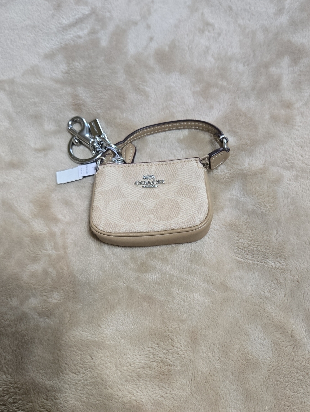 Coach Beige Signature Mini Purse Key Tag With Pouch In Silver Hardware